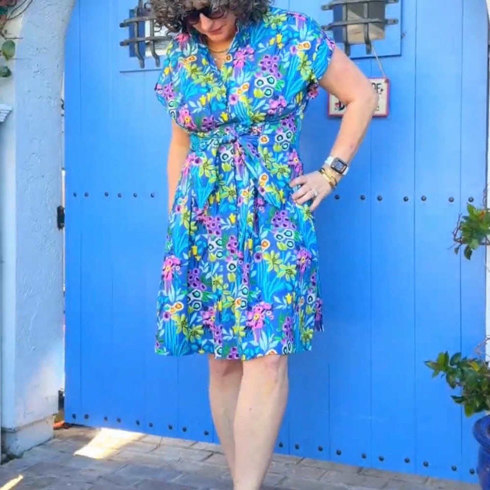 Blue Floral Tie-Front Midi Dress
